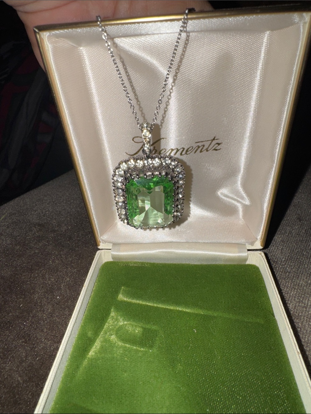VTG Krementz Signed Mint Green Crystal Rhinestone Halo Statement Necklace Boxed